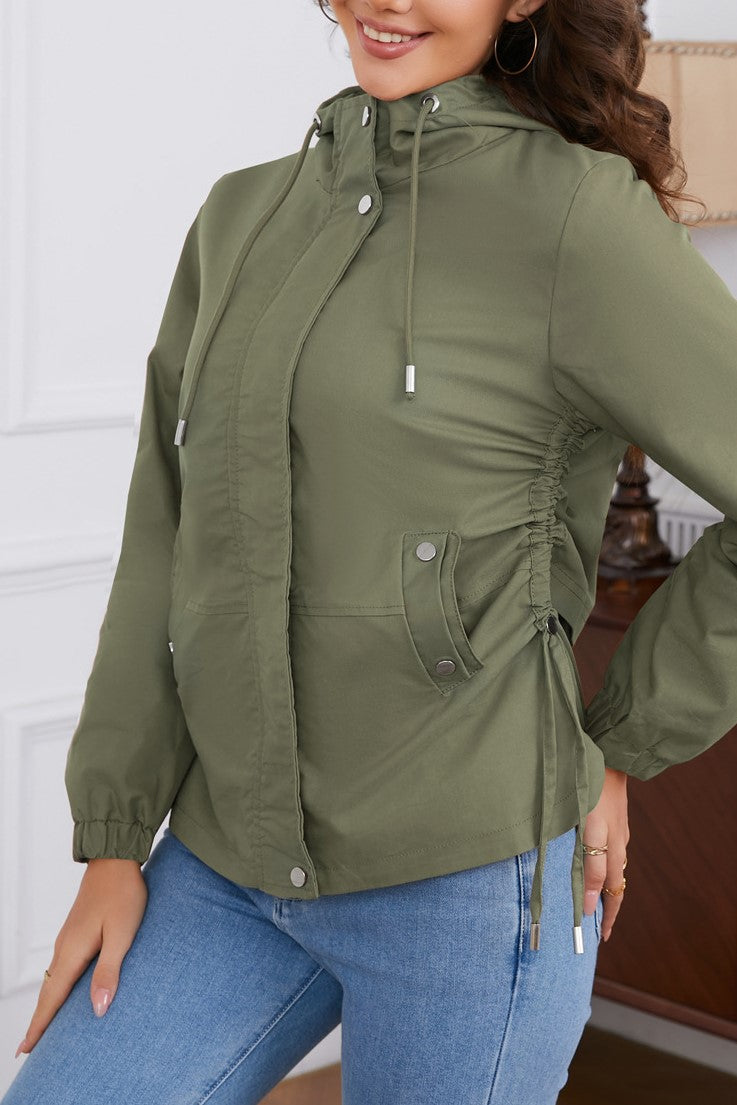 Ruched Side Hooded Utility Windbreaker Jacket - Sage - 3
