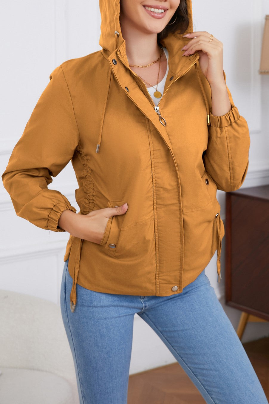 Ruched Side Hooded Utility Windbreaker Jacket - Yellow - 2