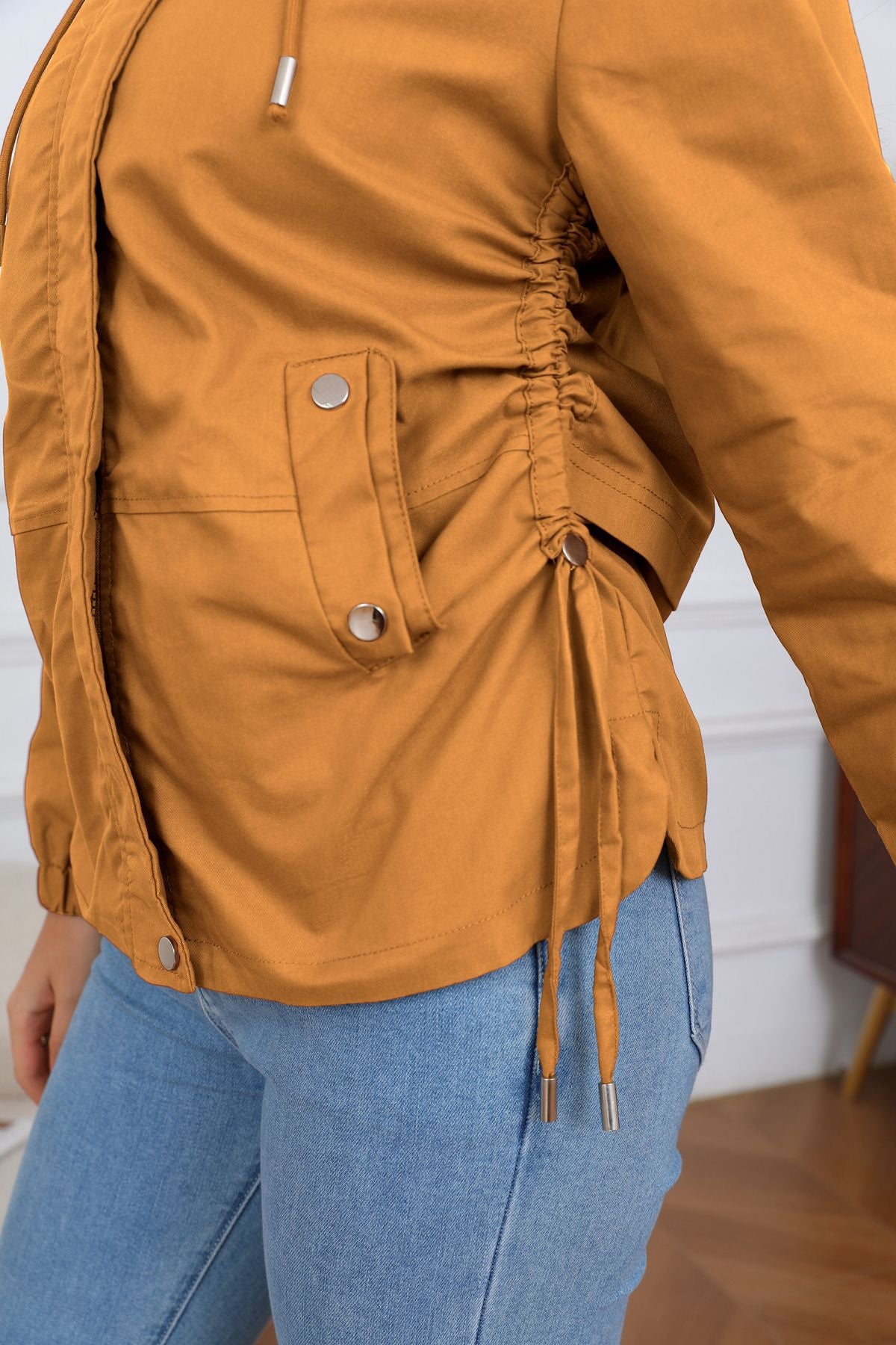 Ruched Side Hooded Utility Windbreaker Jacket - Yellow - 3