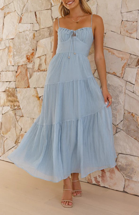 Ribbon Tie Tiered Chiffon Maxi Dress - blue