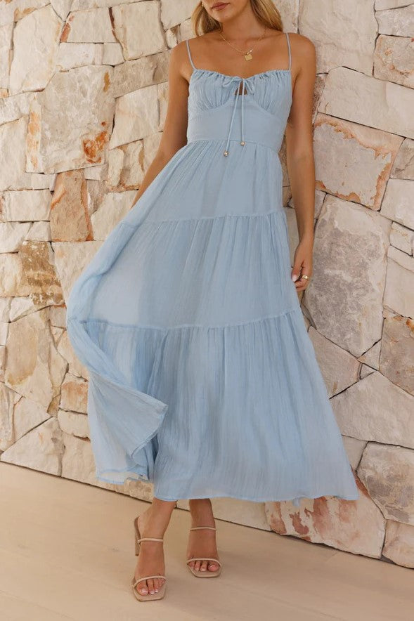 Ribbon Tie Tiered Chiffon Maxi Dress - blue - 3