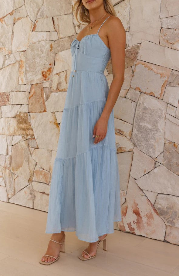 Ribbon Tie Tiered Chiffon Maxi Dress - blue - 6