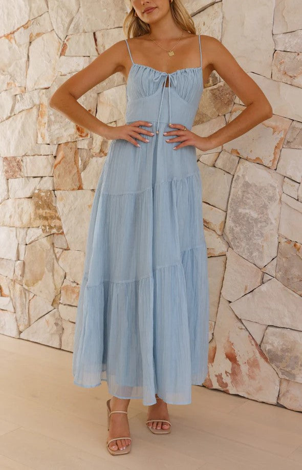Ribbon Tie Tiered Chiffon Maxi Dress - blue - 8