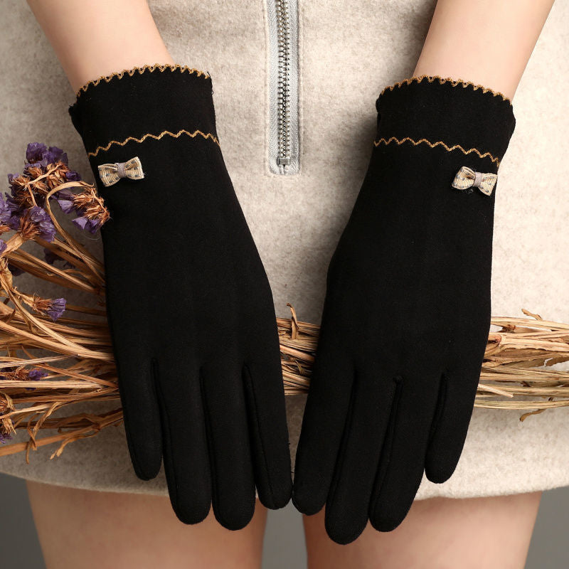Metal Bow Scalloped Cuff Winter Gloves - Black