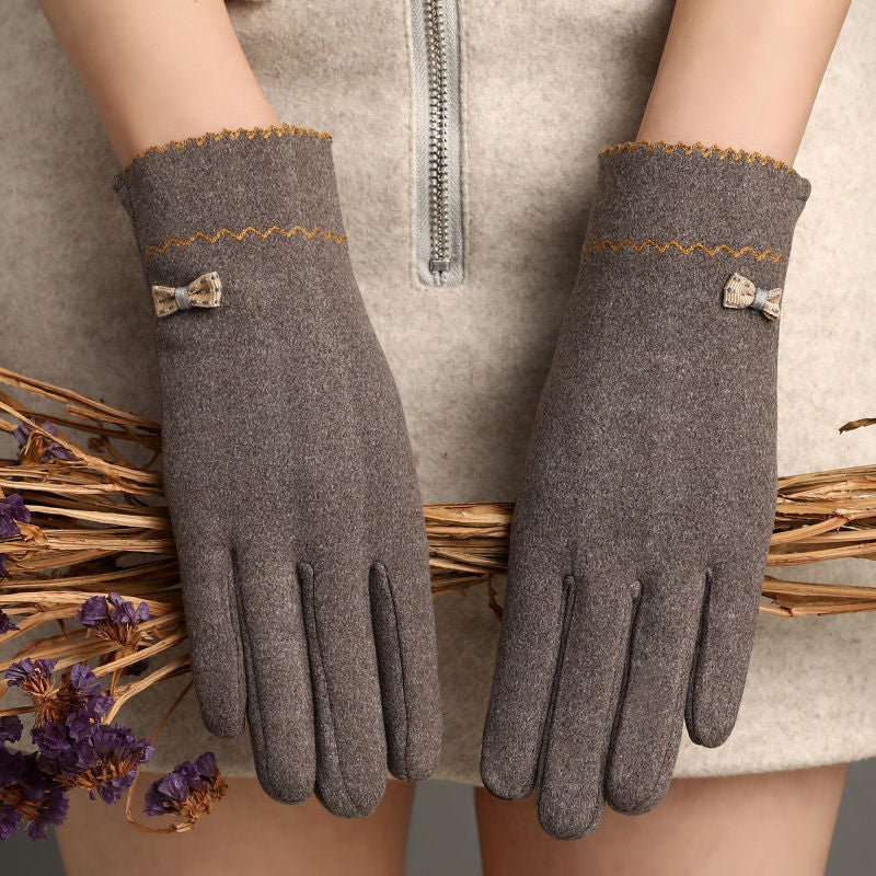 Metal Bow Scalloped Cuff Winter Gloves - Grey