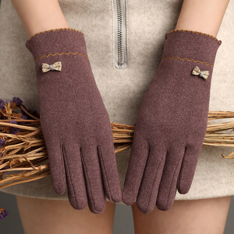 Metal Bow Scalloped Cuff Winter Gloves - Purple