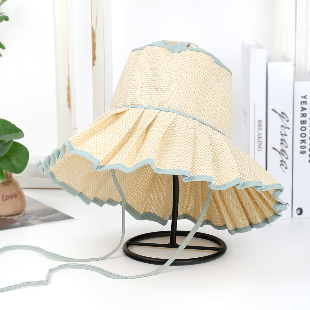 Pleated Wide Brim Straw Bucket Hat - BBegie