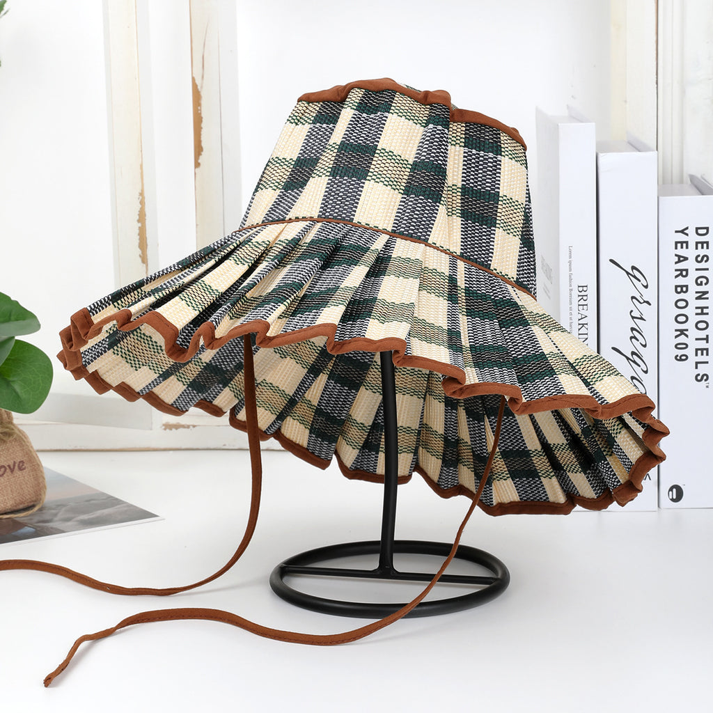 Pleated Wide Brim Straw Bucket Hat - BChecker