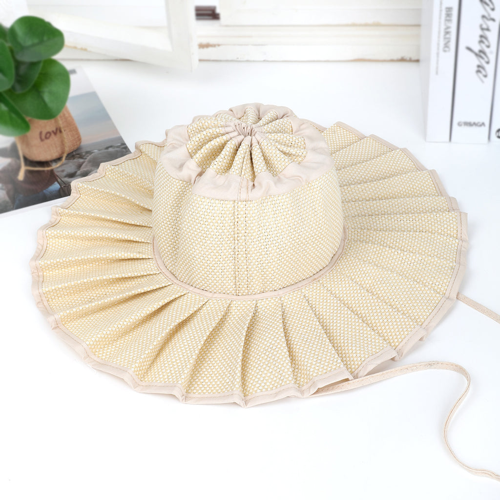 Pleated Wide Brim Straw Bucket Hat - Begie