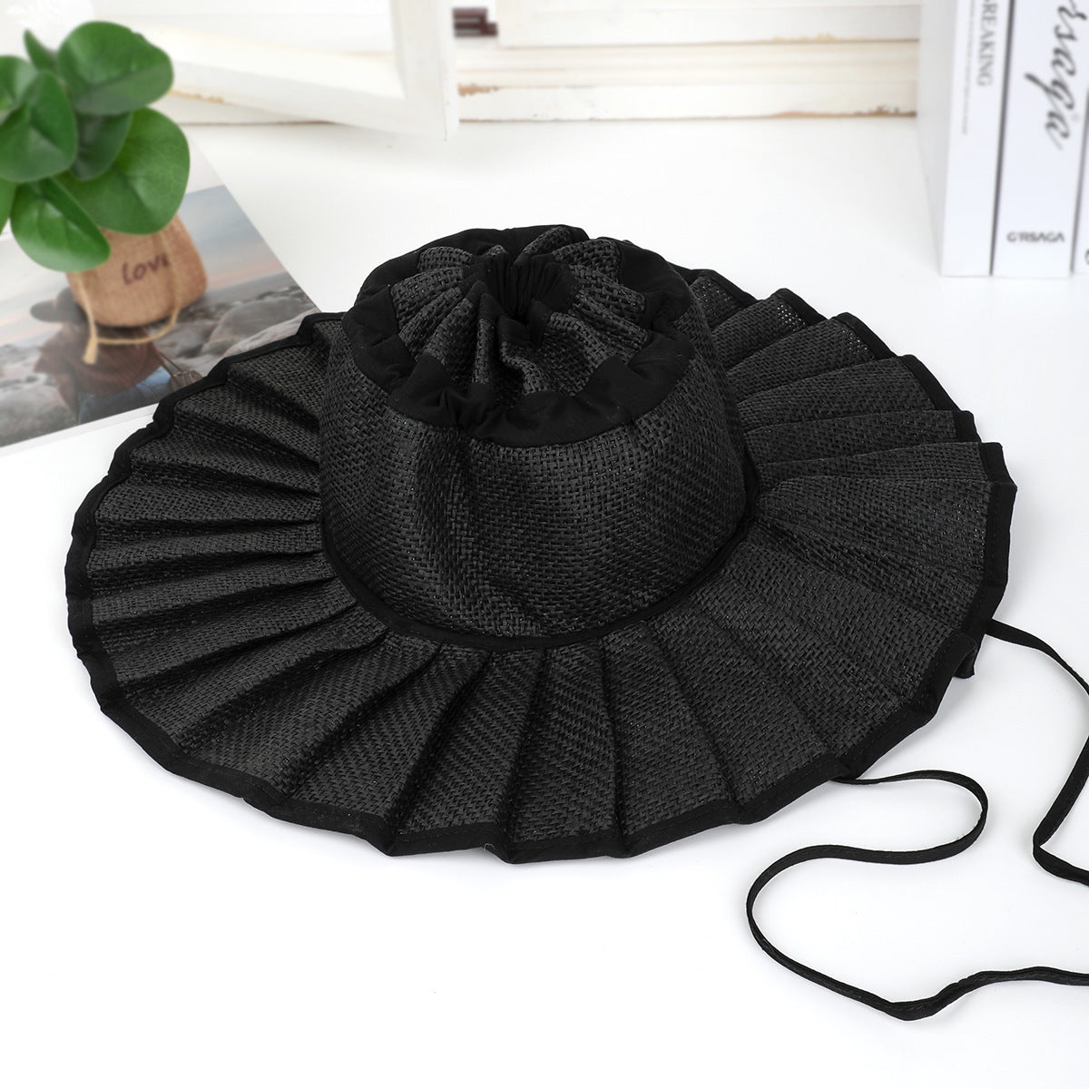 Pleated Wide Brim Straw Bucket Hat - Black