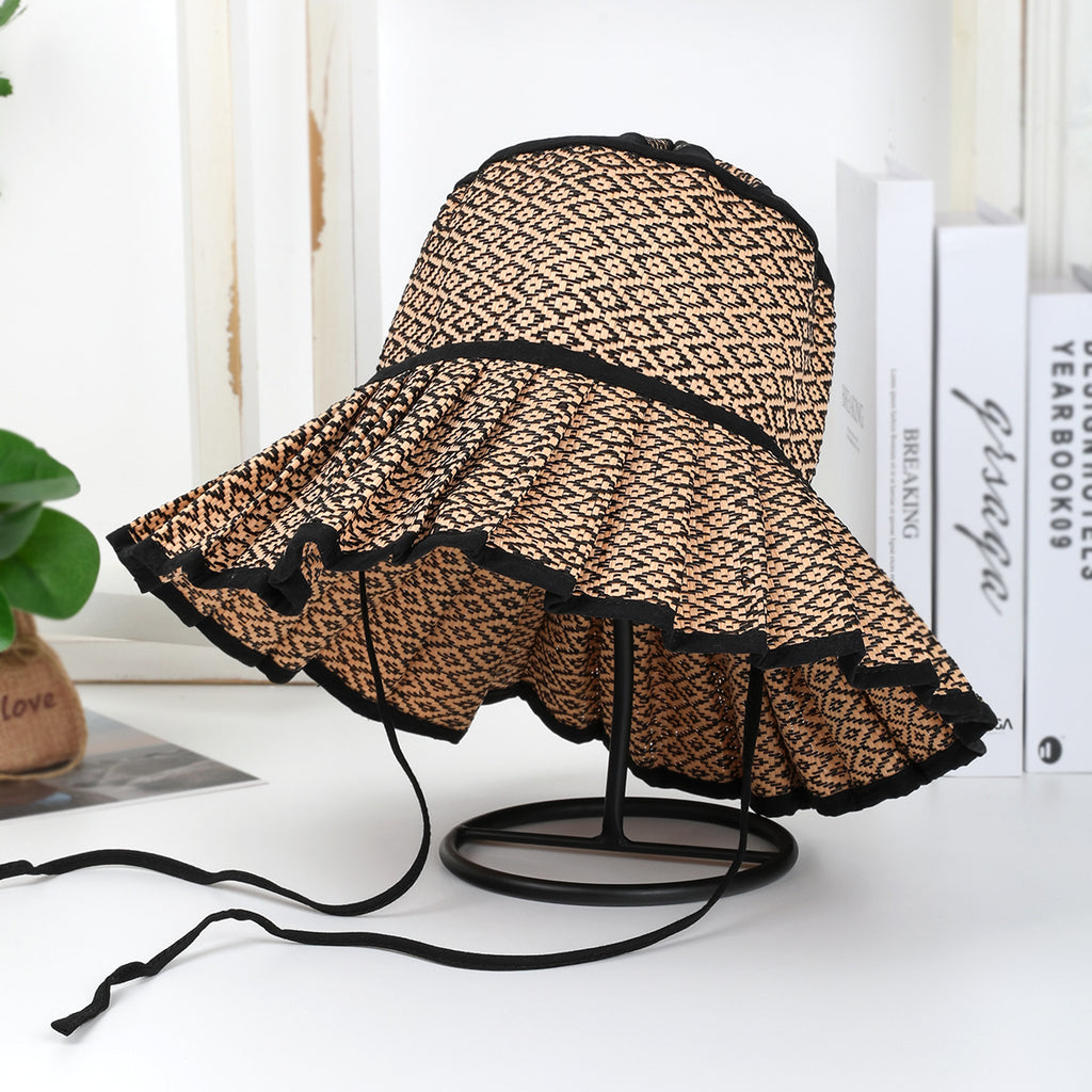 Pleated Wide Brim Straw Bucket Hat - Brown