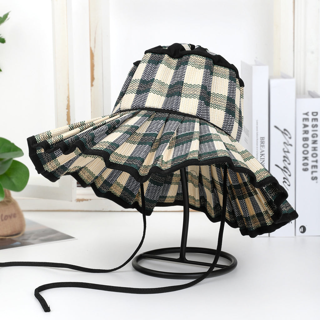 Pleated Wide Brim Straw Bucket Hat - Checker