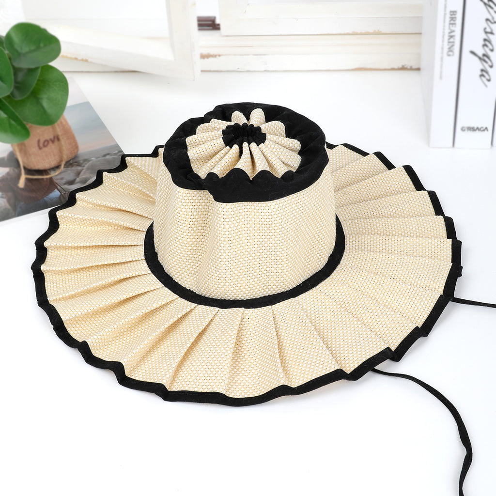 Pleated Wide Brim Straw Bucket Hat - HBegie - 1
