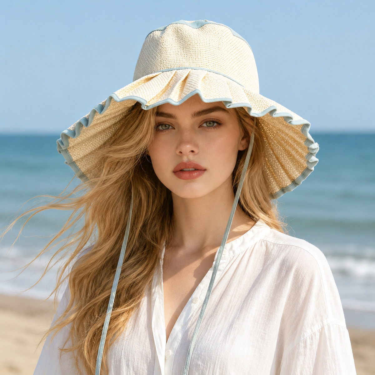Pleated Wide Brim Straw Bucket Hat - HBegie - 6