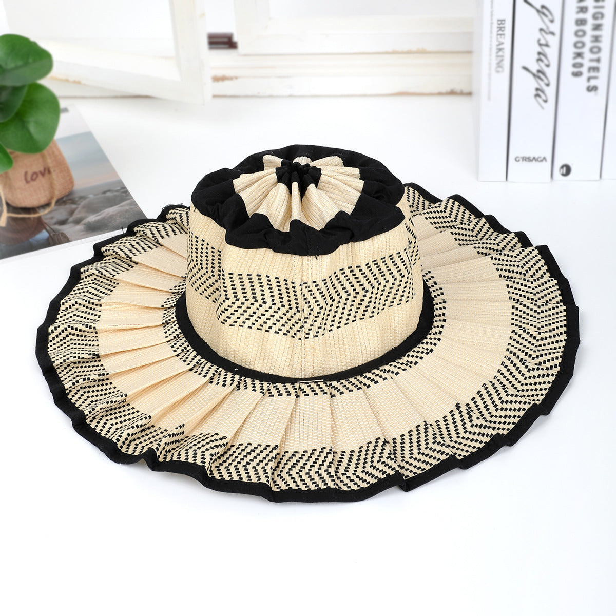 Pleated Wide Brim Straw Bucket Hat - YBegie