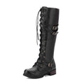 Lace Up Buckle Strap Knee High Combat Boots - Black