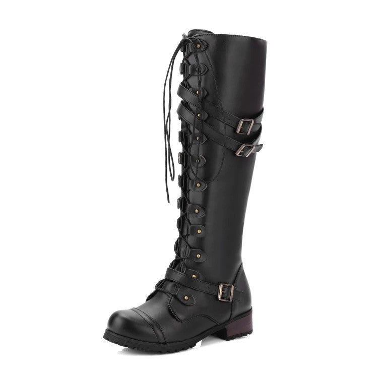 Lace Up Buckle Strap Knee High Combat Boots