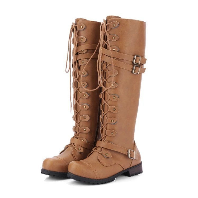 Lace Up Buckle Strap Knee High Combat Boots