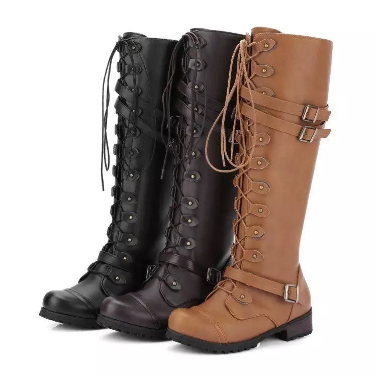 Lace Up Buckle Strap Knee High Combat Boots