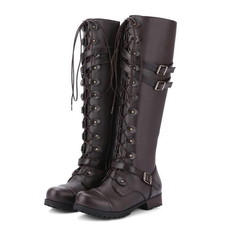 Lace Up Buckle Strap Knee High Combat Boots