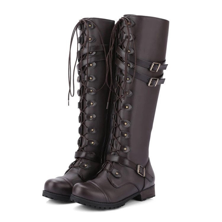 Lace Up Buckle Strap Knee High Combat Boots