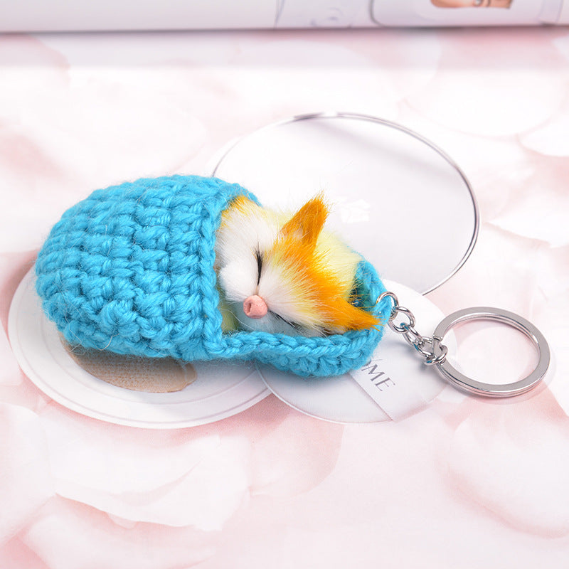 Crochet Slipper Sleeping Kitten Plush Keychain - Blue