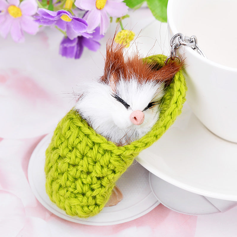 Crochet Slipper Sleeping Kitten Plush Keychain - Green