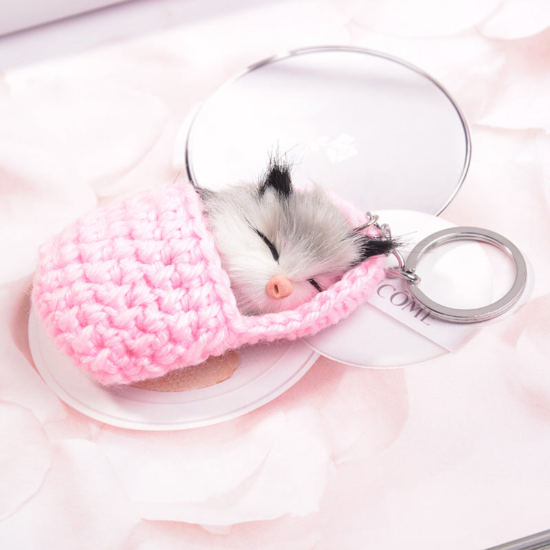 Crochet Slipper Sleeping Kitten Plush Keychain - Pink
