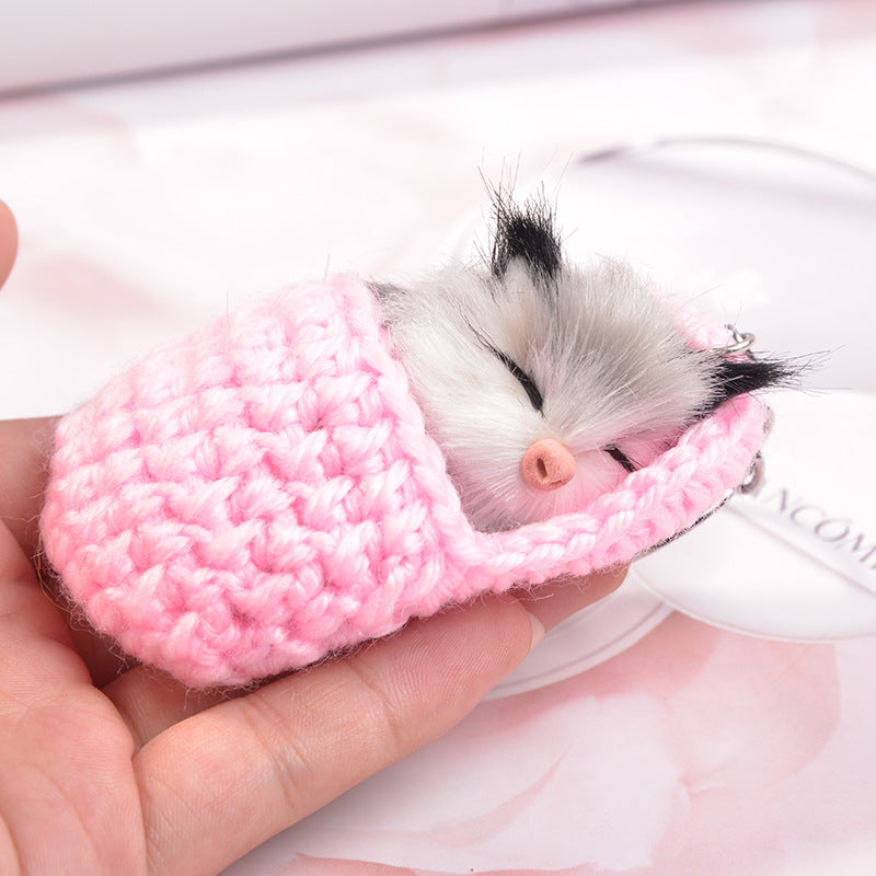 Crochet Slipper Sleeping Kitten Plush Keychain - Pink - 1