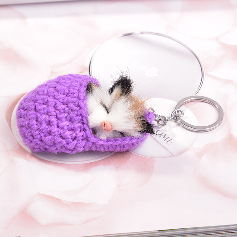 Crochet Slipper Sleeping Kitten Plush Keychain - Purple