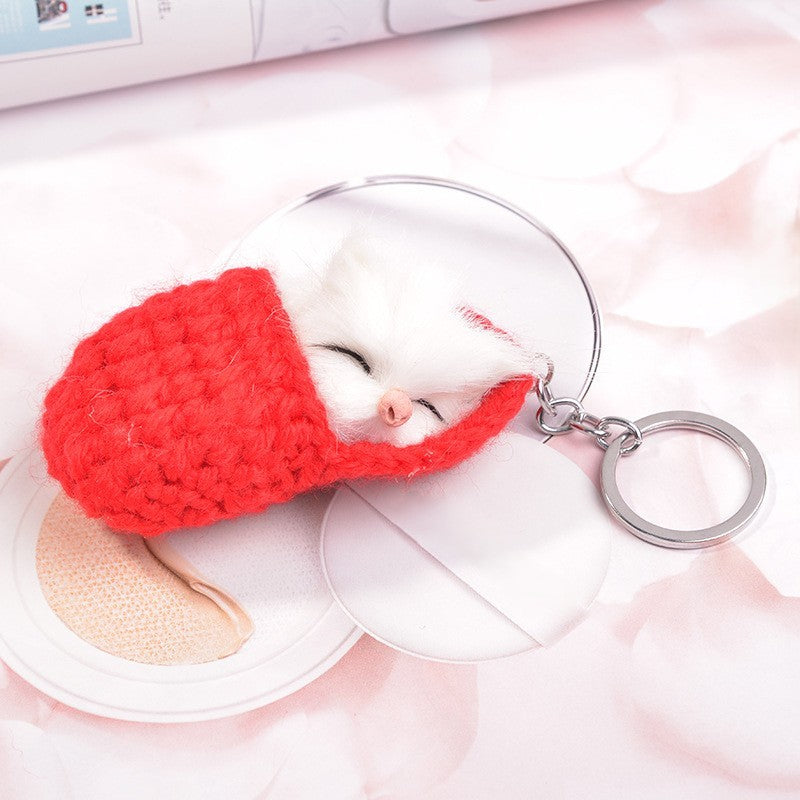 Crochet Slipper Sleeping Kitten Plush Keychain - Red