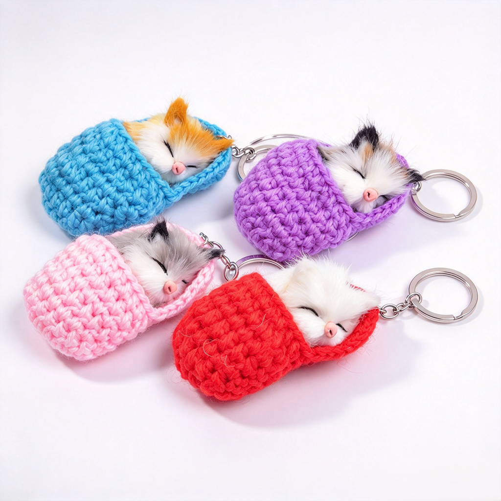 Crochet Slipper Sleeping Kitten Plush Keychain