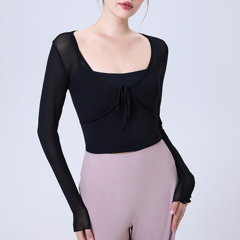 Contrast Trim Tie Front Mesh Long Sleeve Yoga Top - Black