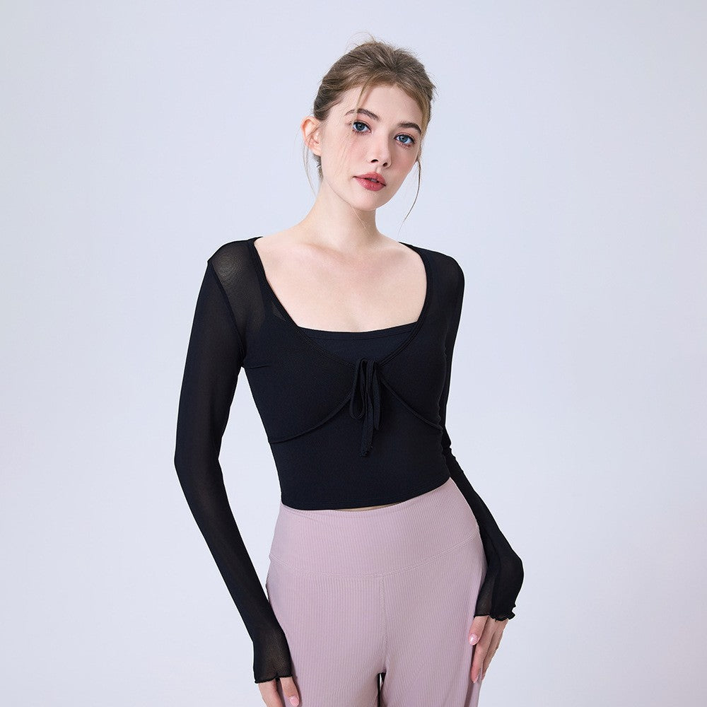 Contrast Trim Tie Front Mesh Long Sleeve Yoga Top