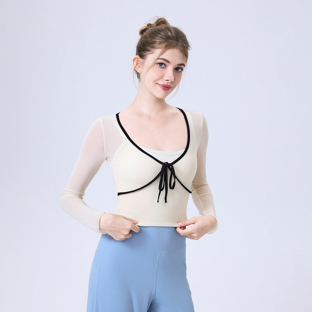 Contrast Trim Tie Front Mesh Long Sleeve Yoga Top