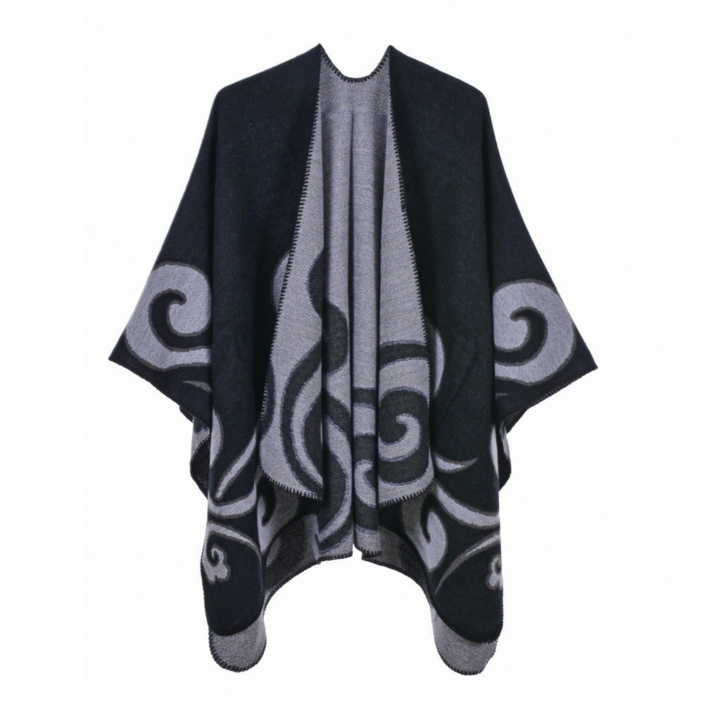 Reversible Swirl Jacquard Ruana Wrap - black