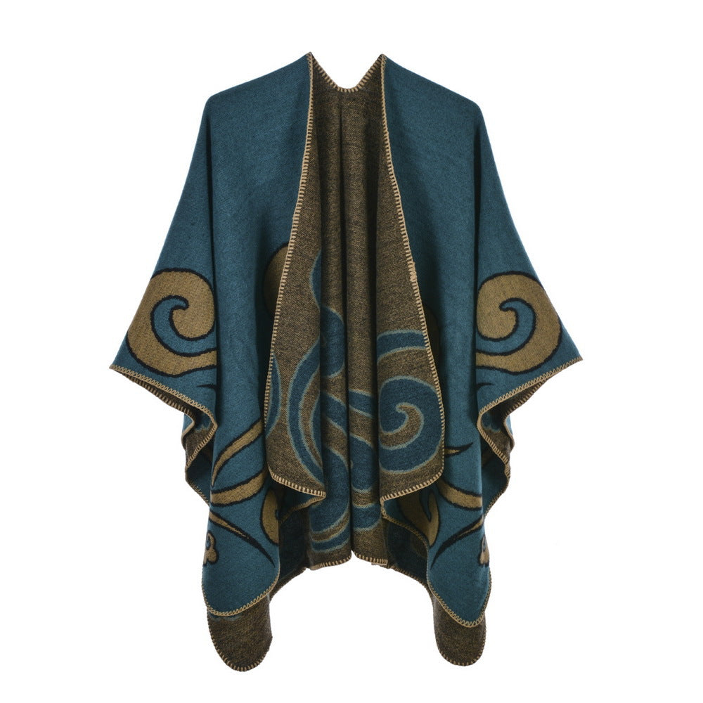 Reversible Swirl Jacquard Ruana Wrap - blue