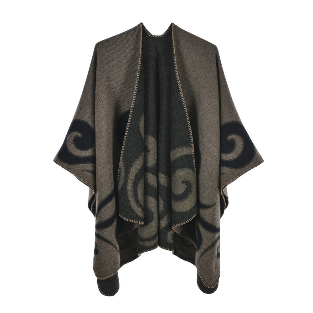 Reversible Swirl Jacquard Ruana Wrap - khaki