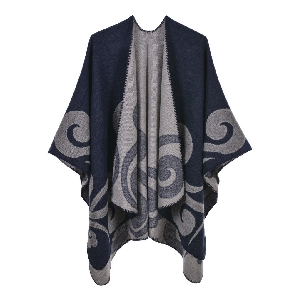 Reversible Swirl Jacquard Ruana Wrap - navy