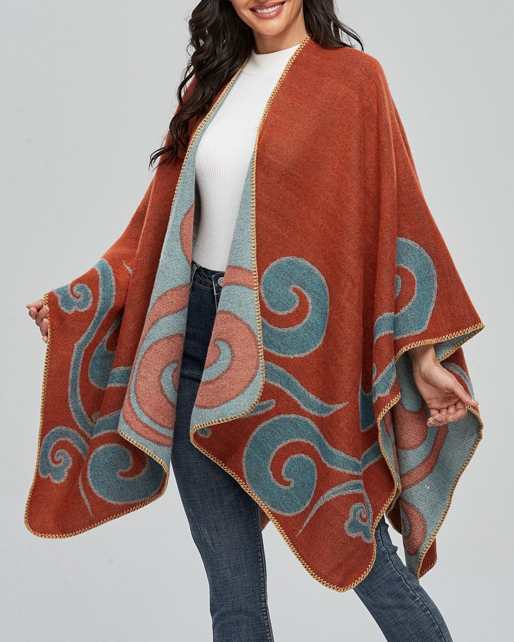 Reversible Swirl Jacquard Ruana Wrap - orange