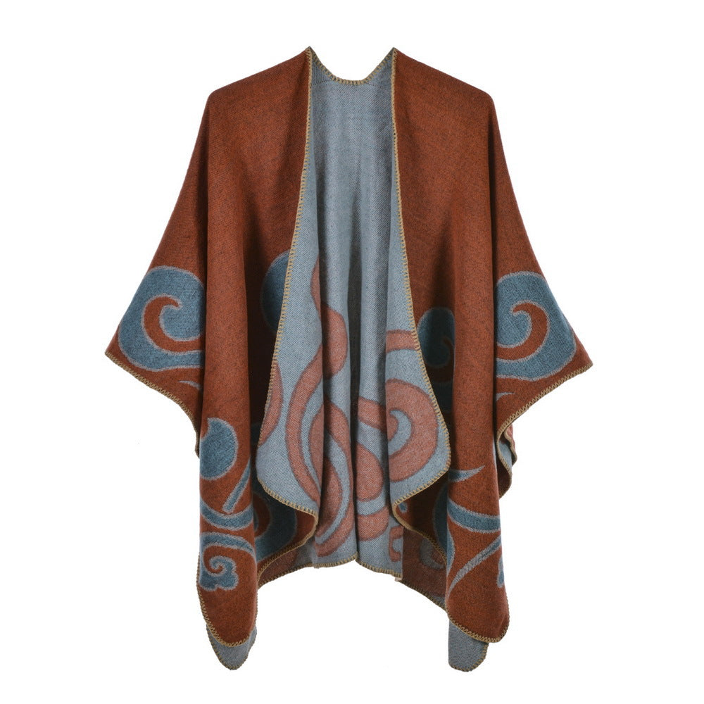 Reversible Swirl Jacquard Ruana Wrap - orange - 1