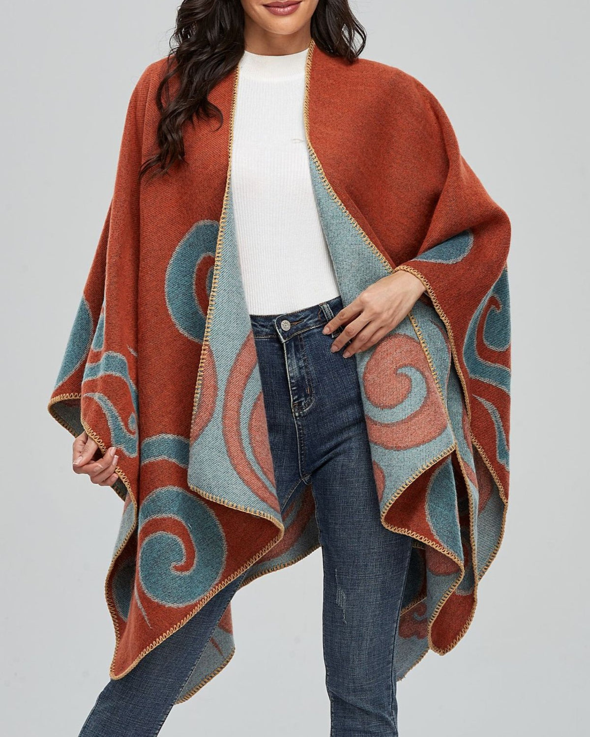 Reversible Swirl Jacquard Ruana Wrap - orange - 2