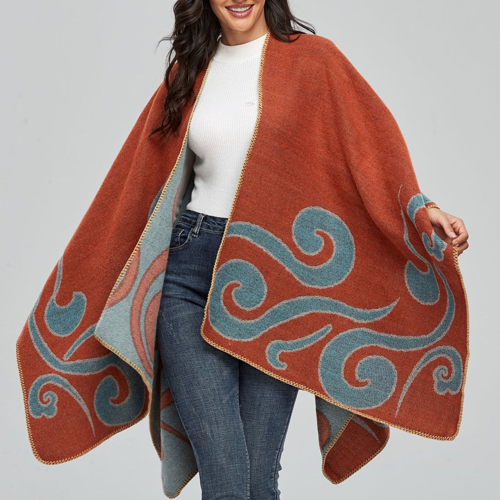 Reversible Swirl Jacquard Ruana Wrap - orange - 3