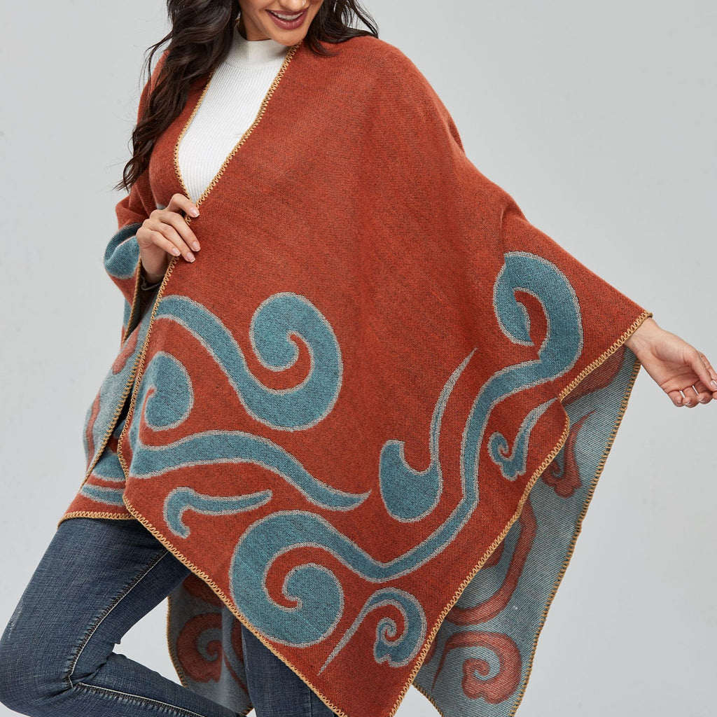 Reversible Swirl Jacquard Ruana Wrap - orange - 4