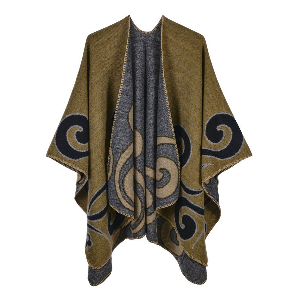 Reversible Swirl Jacquard Ruana Wrap - yellow