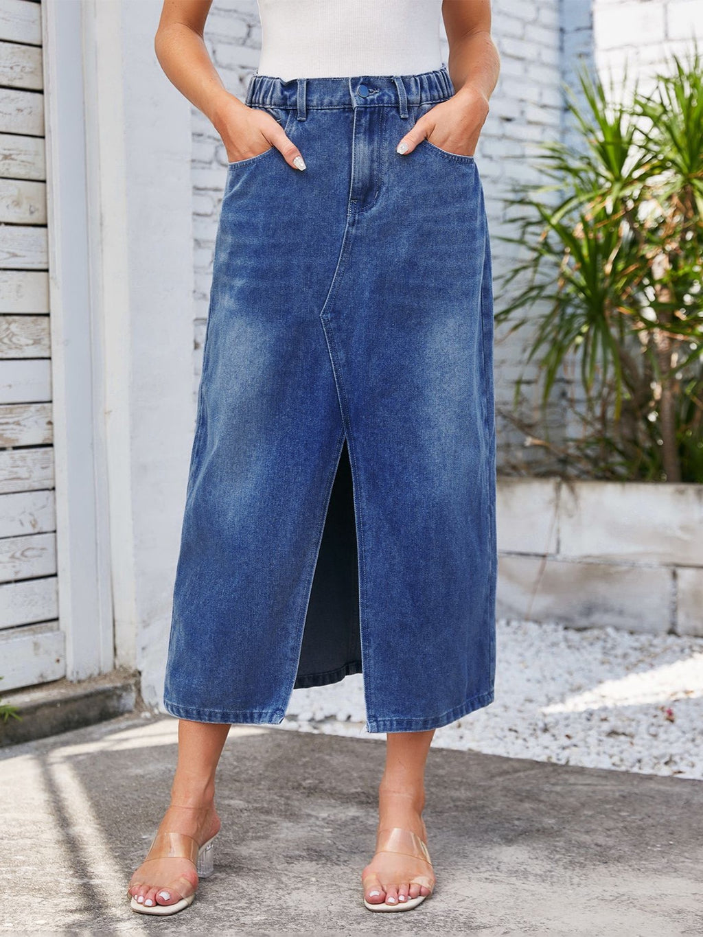 High Rise Front Split Denim Midi Skirt - Dark Blue