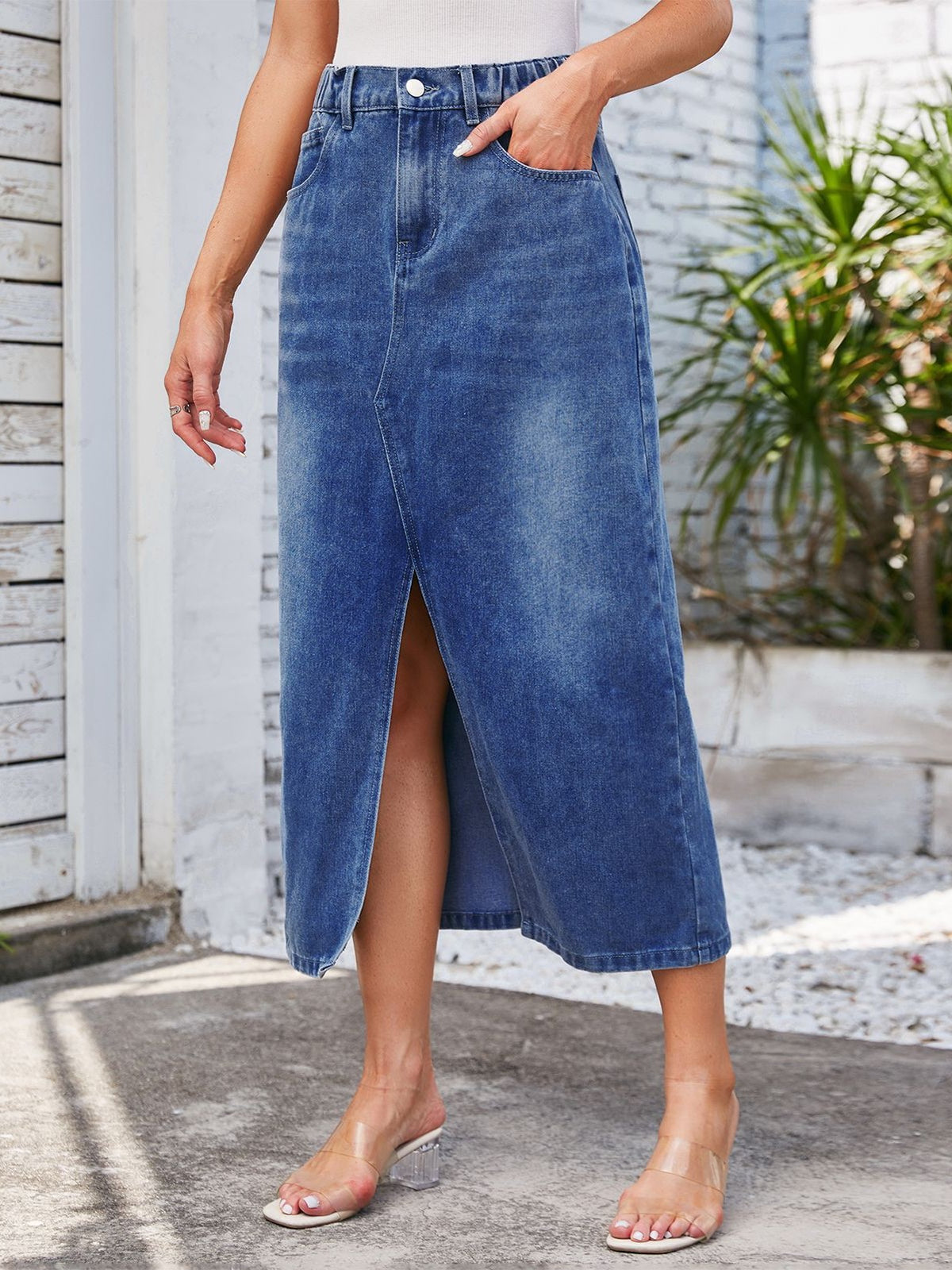 High Rise Front Split Denim Midi Skirt - Dark Blue - 1