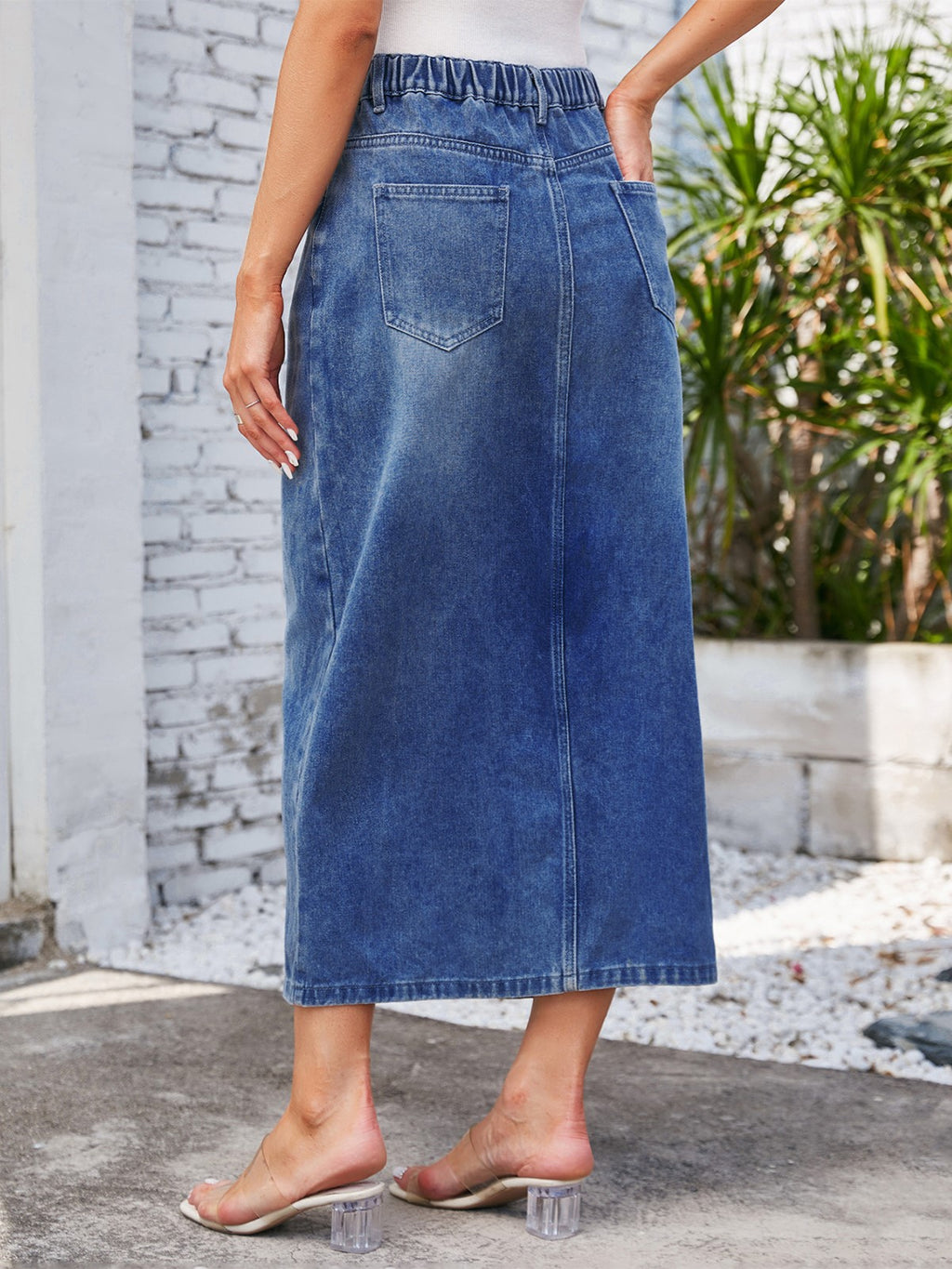 High Rise Front Split Denim Midi Skirt - Dark Blue - 4