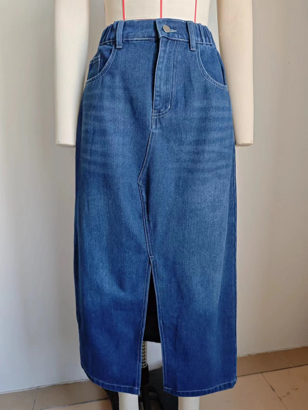 High Rise Front Split Denim Midi Skirt - Dark Blue - 5