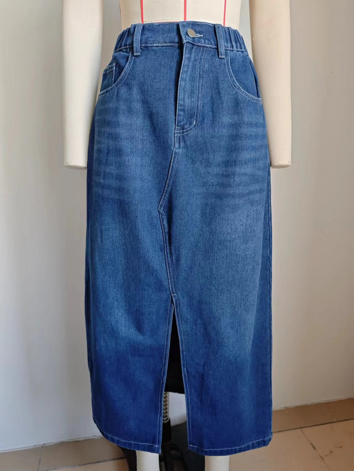 High Rise Front Split Denim Midi Skirt - Dark Blue - 5